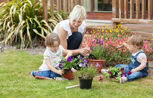 Professional gardening team maintaining urban outdoor space